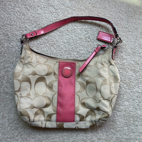 Coach Peach Signature Stripe Jacquard Hobo Bag F19281 - Picture 13 of 16